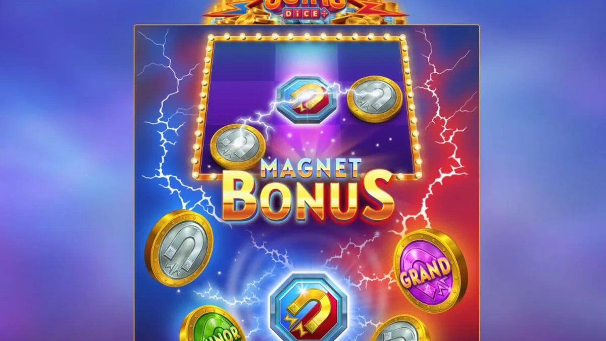 Tampilan visual slot Magnetic Coins Dice dengan tema magnetik dan koin emas.