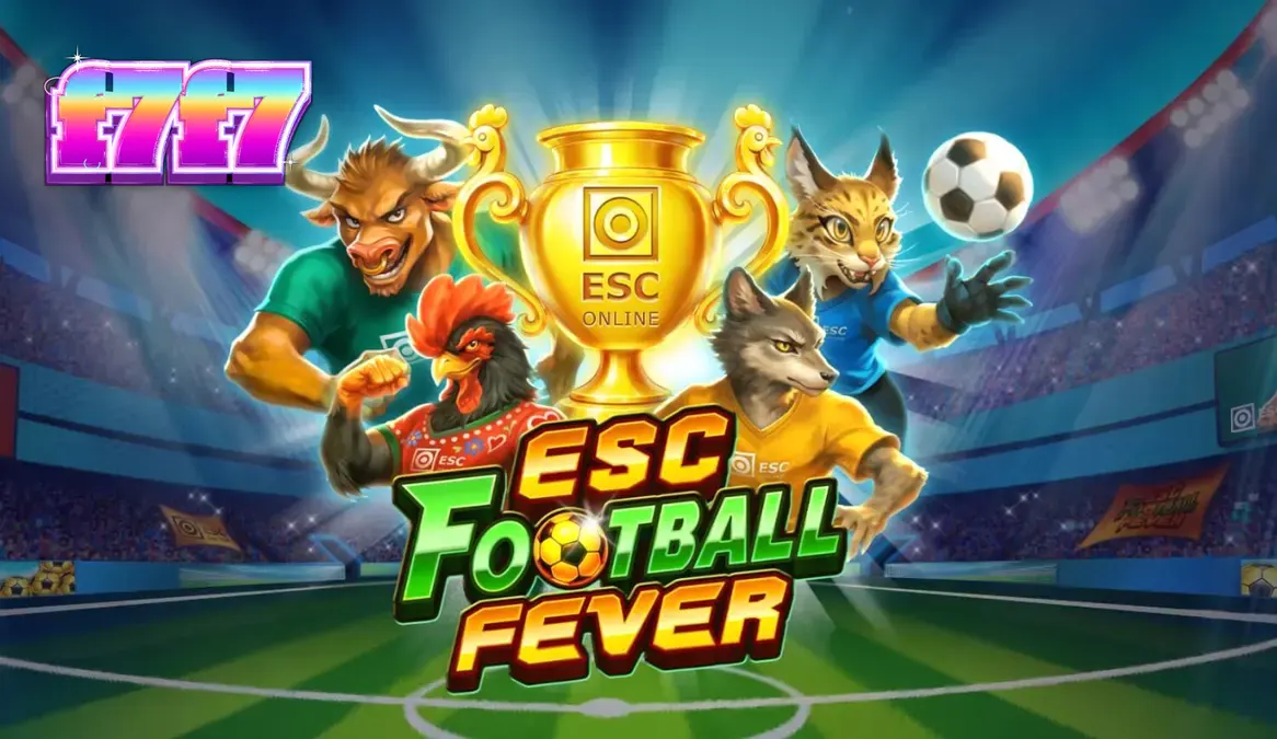 Tampilan layar permainan slot ESC Football Fever dengan elemen stadion dan simbol sepak bola.